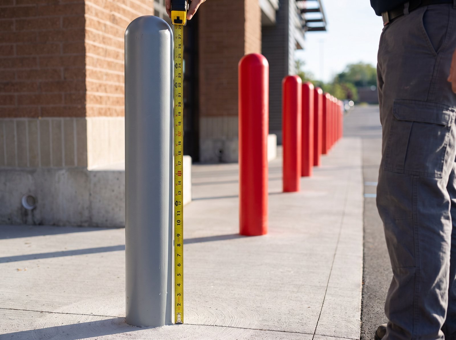 Tape measure held from the pavement to the top of a bare steel bollard post